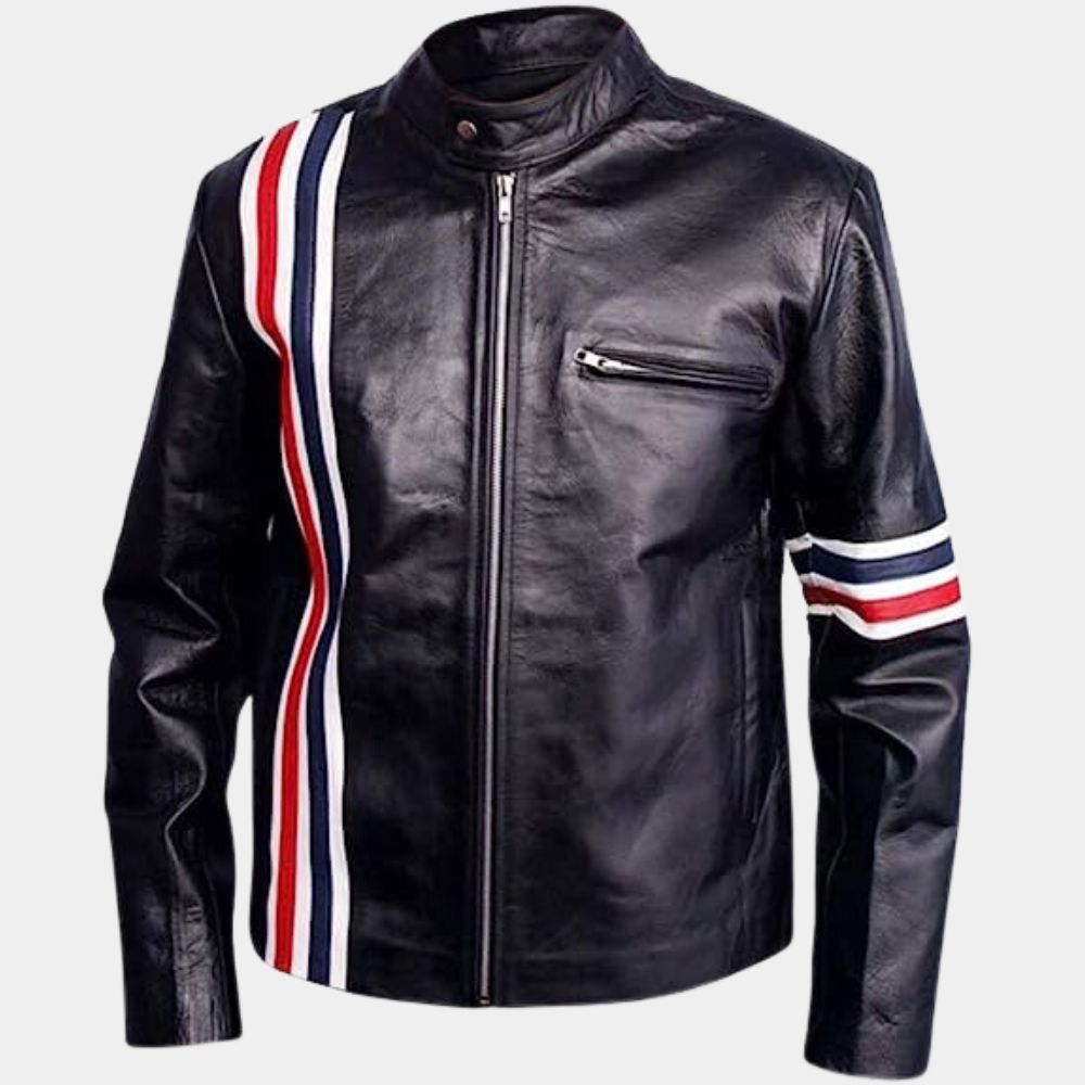 Easy Rider Peter Fonda Black leather Biker Jacket with US Flag - Front View