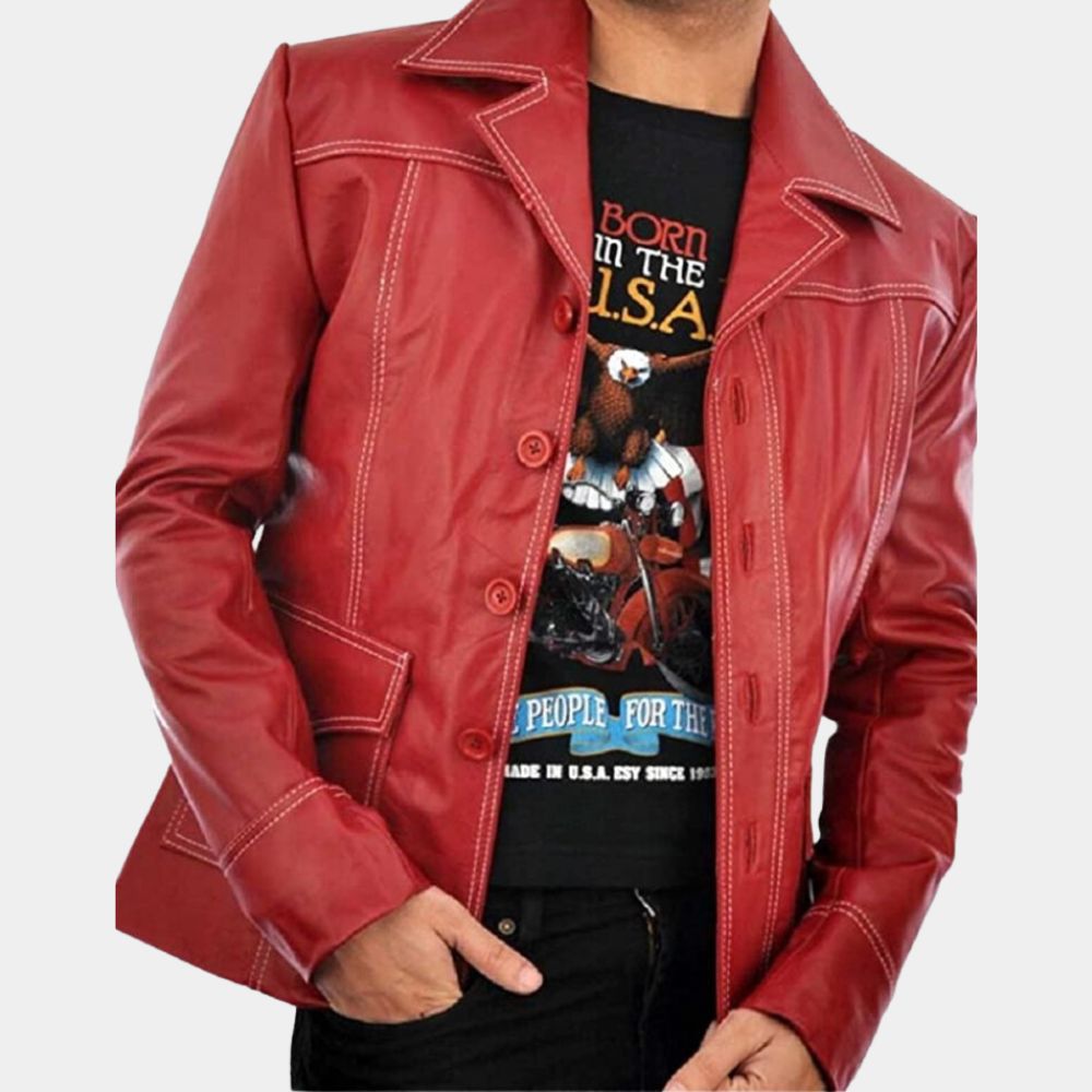 Fight Club Tyler Durden Red Jacket with exposed Stitching in Faux and Real Leather - Front View