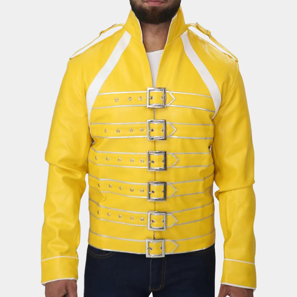 Freddie Mercury Queen Concert Yellow Leather Jacket - Front View