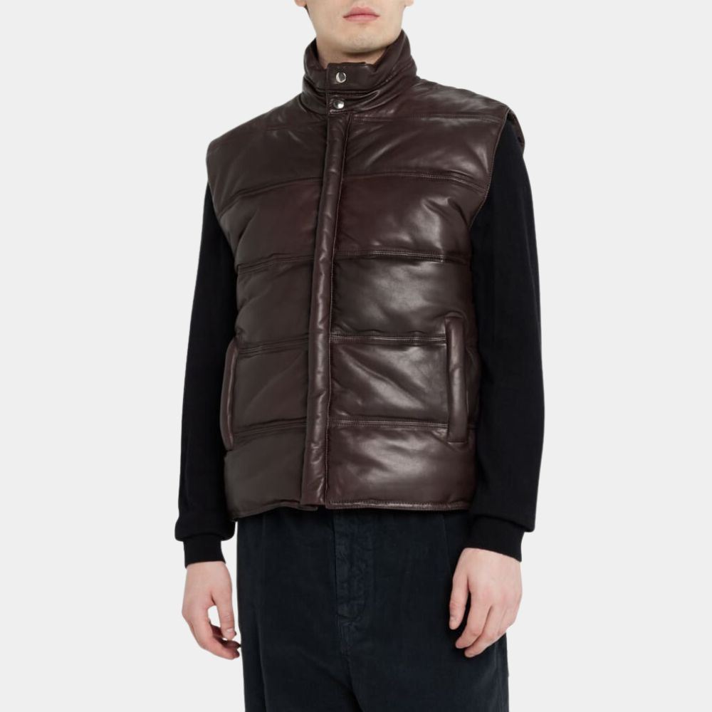 Men's Nolan Brown Leather Puffer Vest | Real Leather Down Gilet - Front View