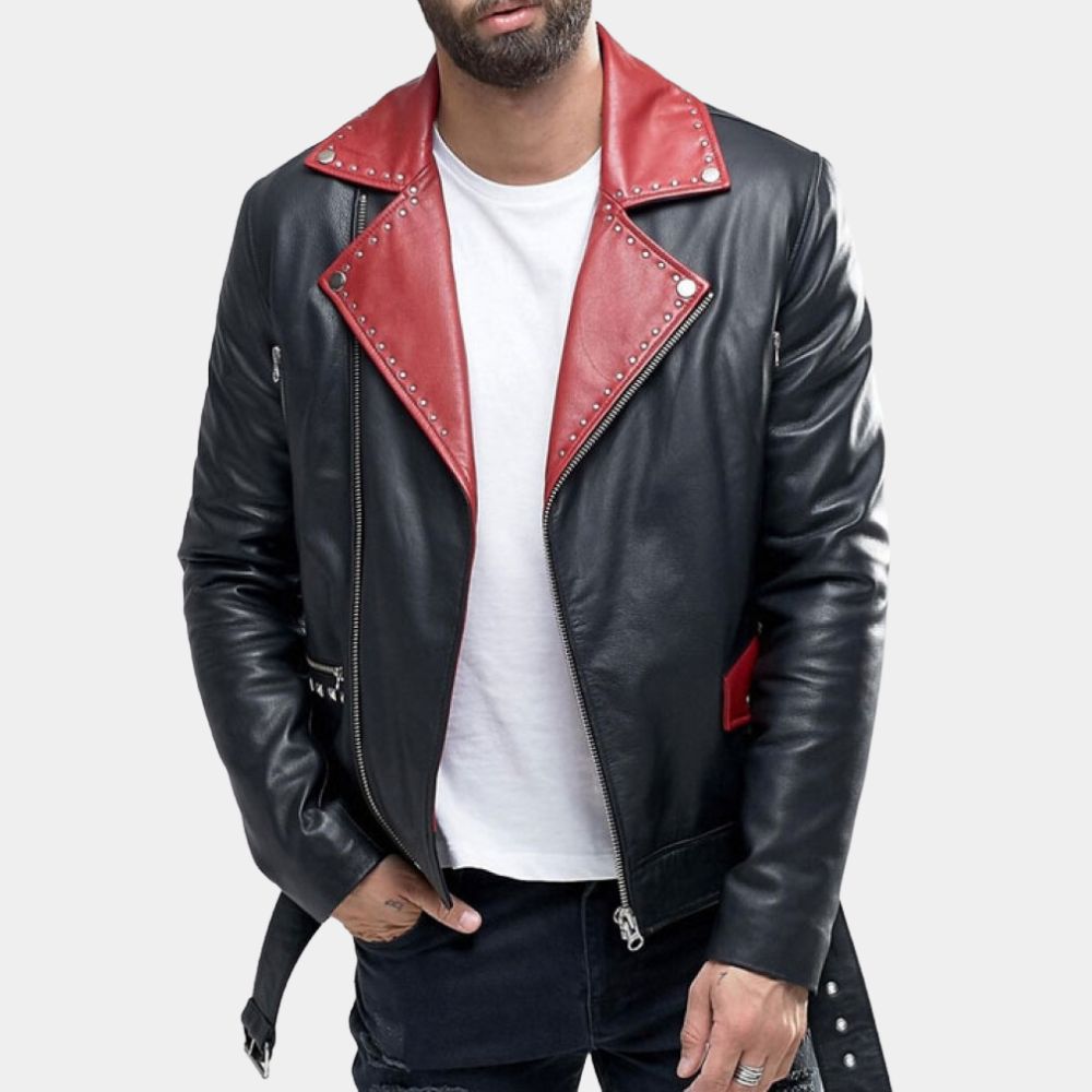 Men's Red Studded Lapels Leather Biker Jacket - Front View