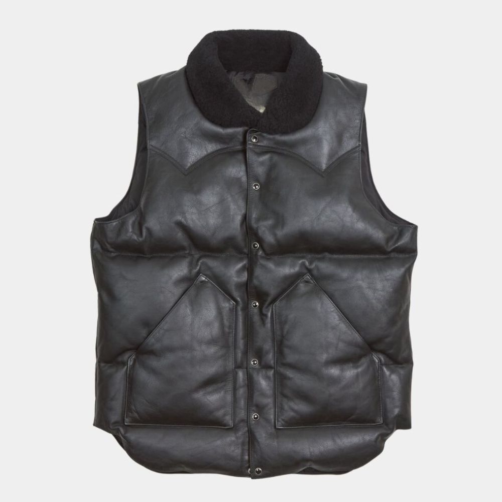 Men's Sherpuff Black Leather Puffer Vest with Faux Shearling Collar| Real Leather Down Vest - Front View