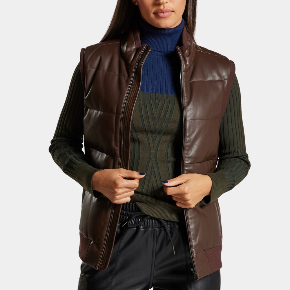Unisex Dylan Brown Leather Puffer Vest | Real Leather Down Gilet - Front View