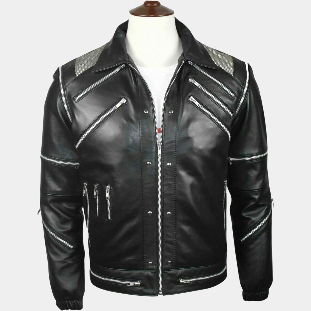 Michael Jackson Beat It Leather Jacket in Black, White and Red Color - Front View