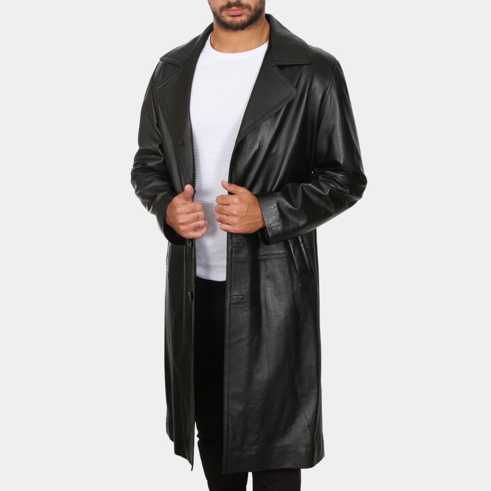 Edge aka Ares Leather Trench Coat from Percy Jackson and the Olympians | Adam Copeland Black Leather Coat - Front View