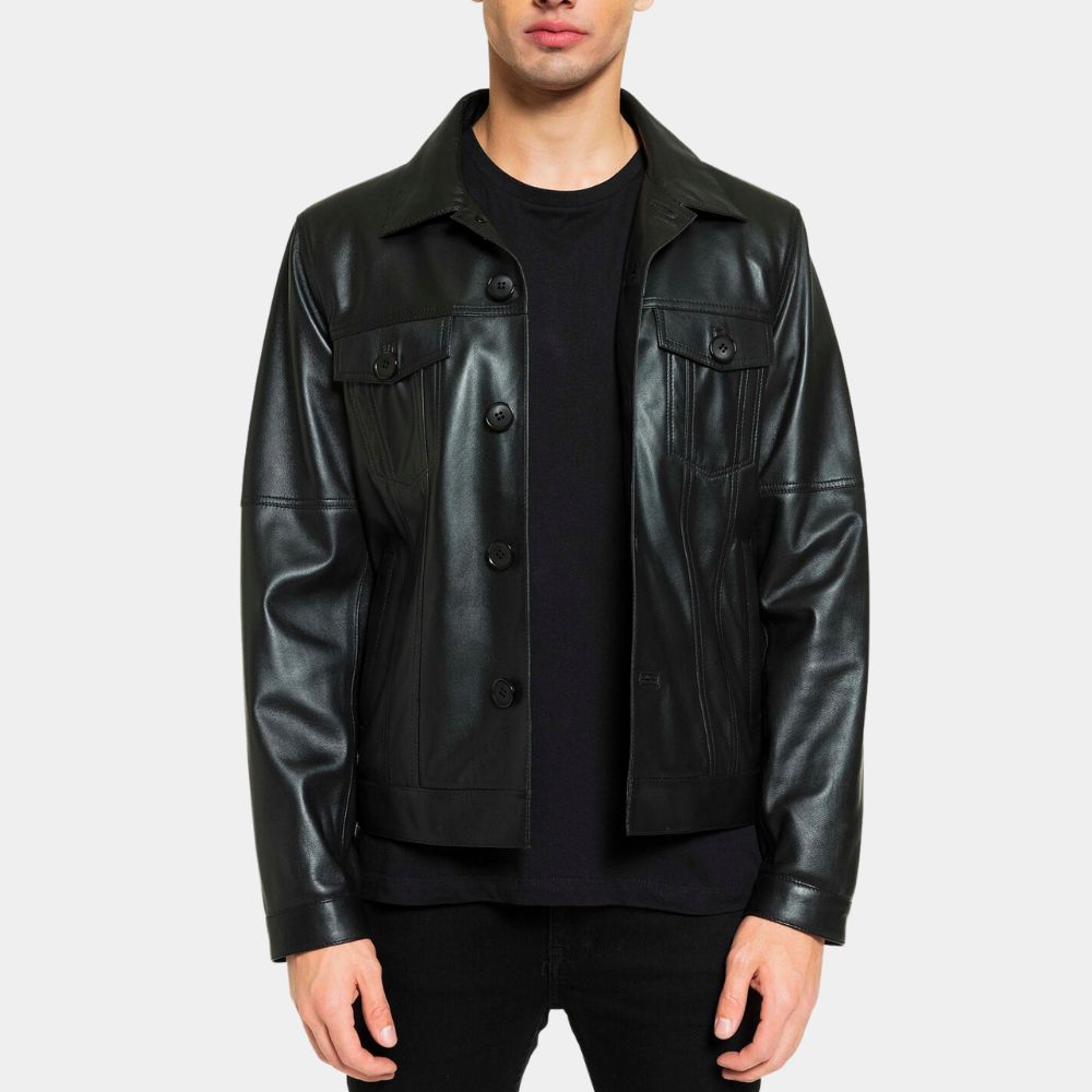 Elvis Presley Black Leather Biker Jacket | Trucker Style Leather Jacket - Front View