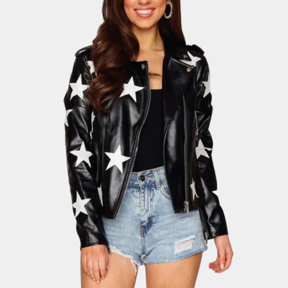 High School Musical S04 Gina Porter Black Starry Leather Biker Jacket - Front View
