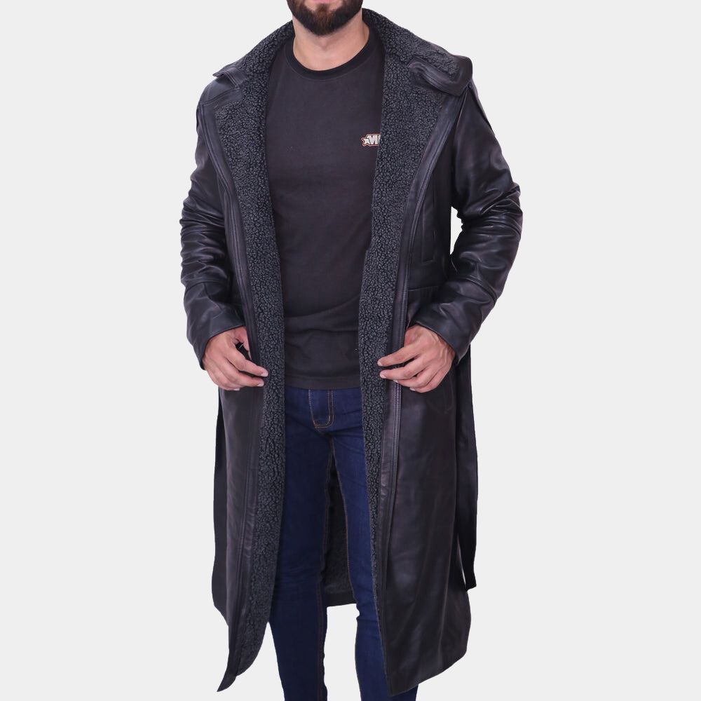 Ryan Gosling Blade Runner 2049 Black Leather With Shearling Lining Trench Coat - Front View