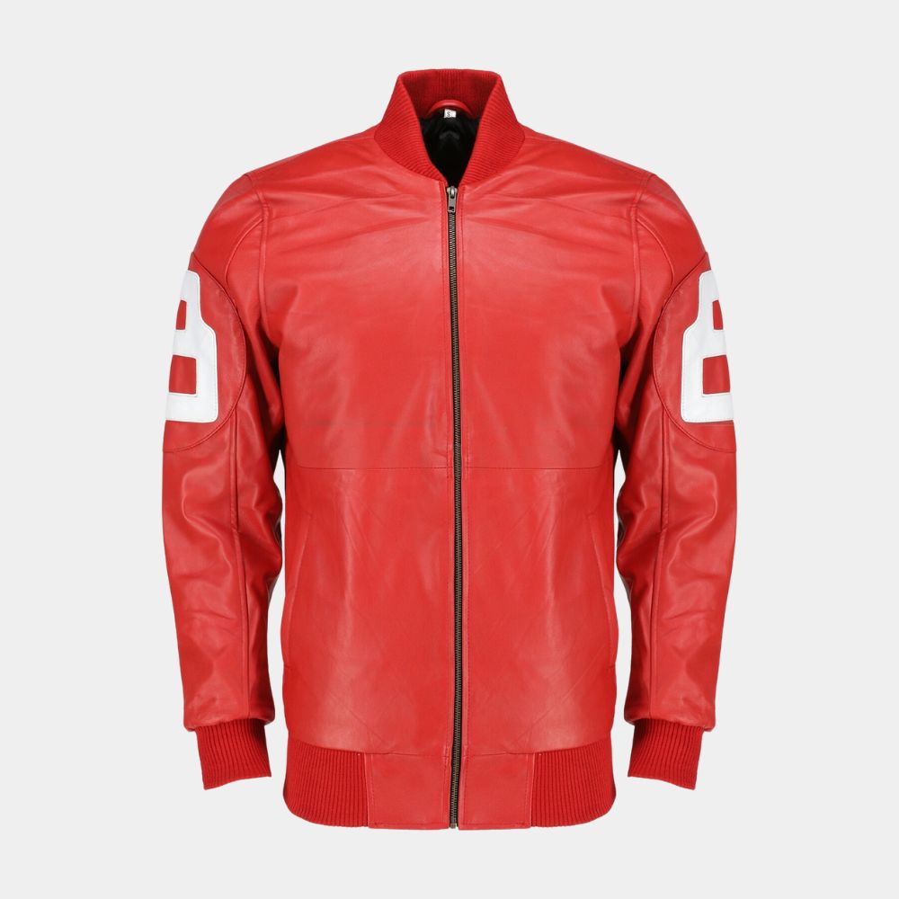 David Puddy 8 Ball Red Leather Jacket - Front View