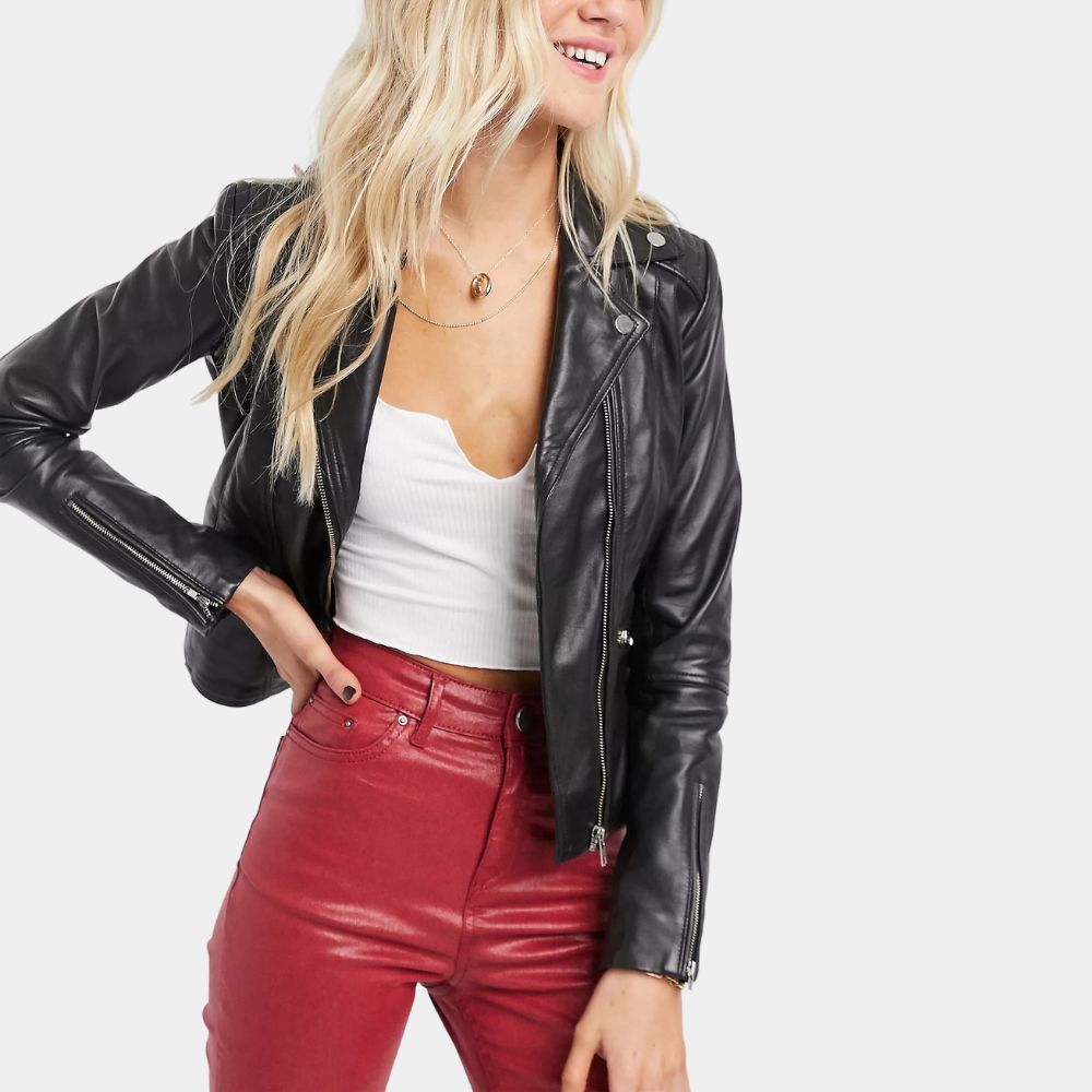 The Lovers Janet aka Roisin Gallagher Classic Black Leather Biker Jacket - Front View