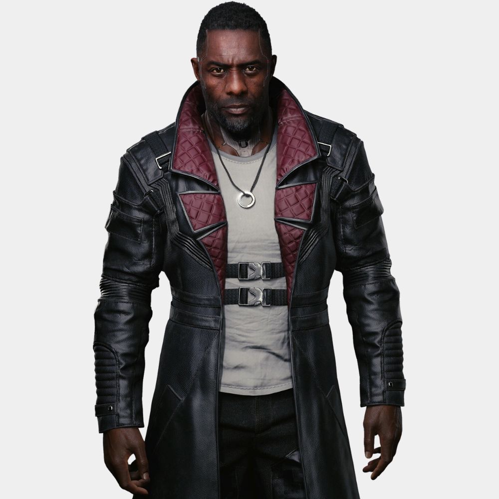 Cyberpunk 2077: Phantom Liberty Solomon Reed Black Leather Coat | Idris Elba as FIA Super Agent Jacket - Front View