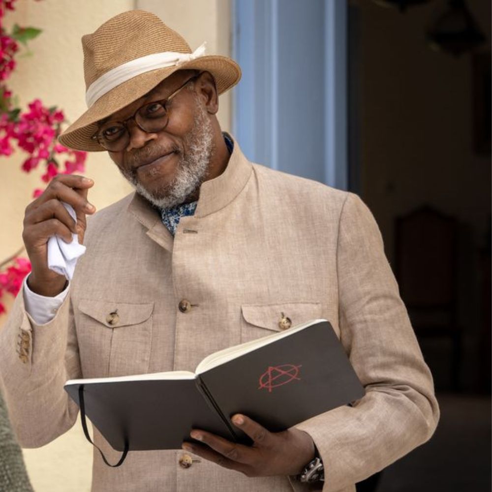 Argylle Samuel L. Jackson Safari Jacket in Beige | Formal Cotton Blazer - Front View