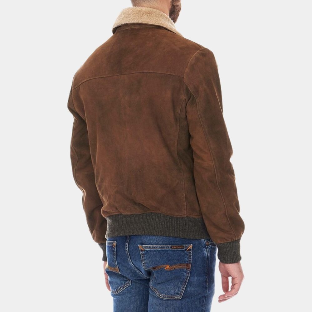 Men's Walker Brown Suede Leather Shearling Collar Jacket - SAFYD