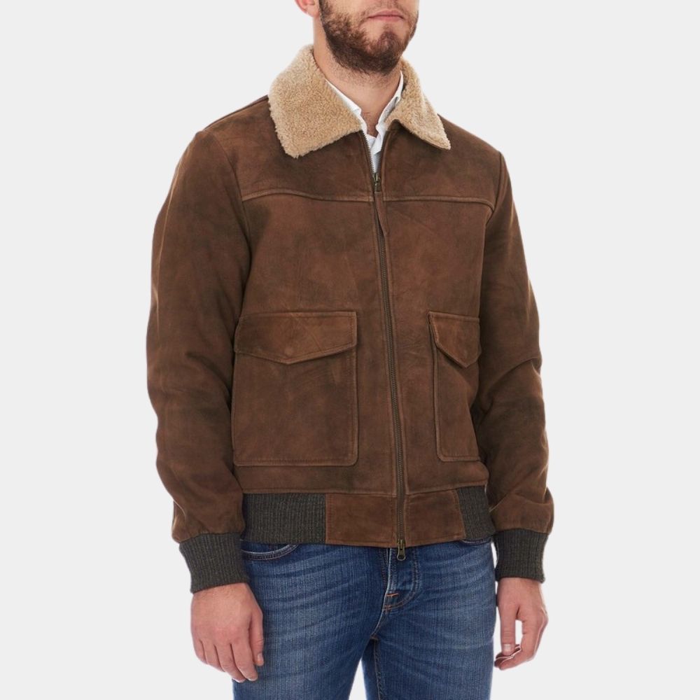 Men's Walker Brown Suede Leather Shearling Collar Jacket - Front View