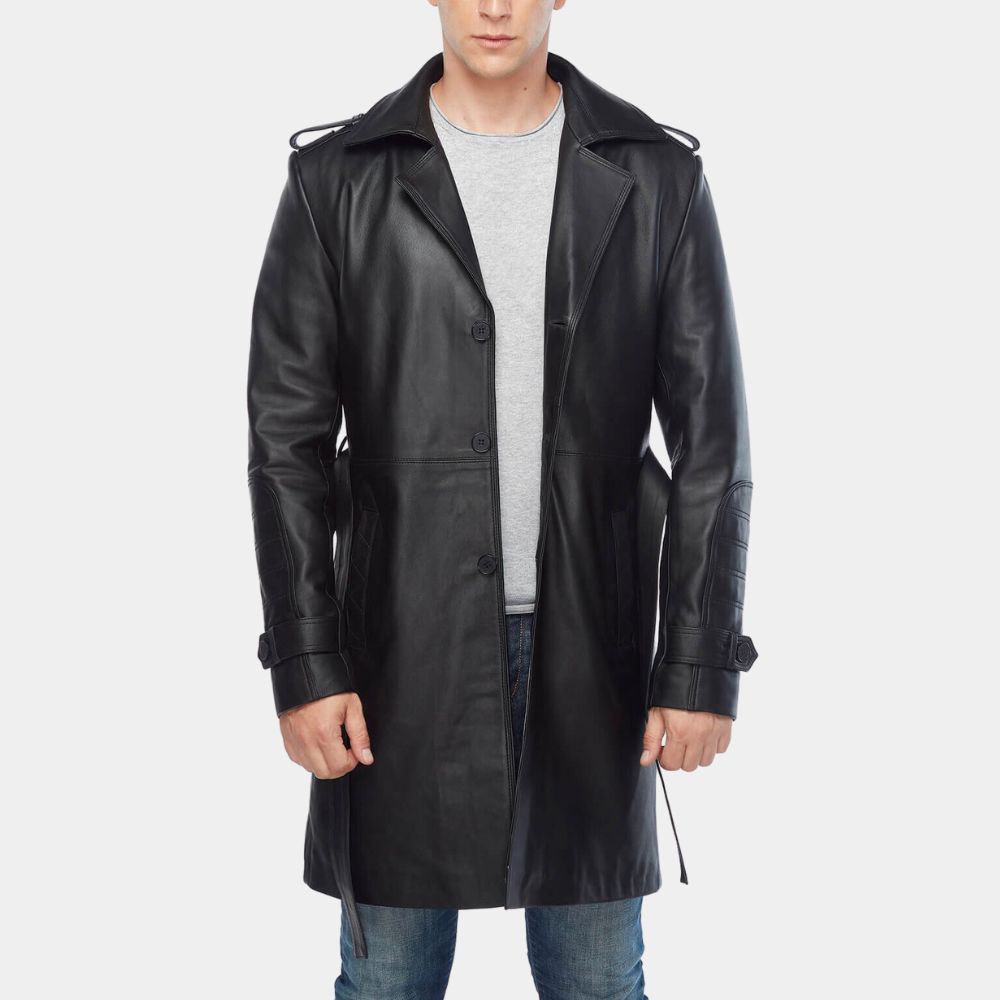 Silent Night Godlock Black Leather Jacket - 3/4 Length Car Coat with Waist Belt - Front View