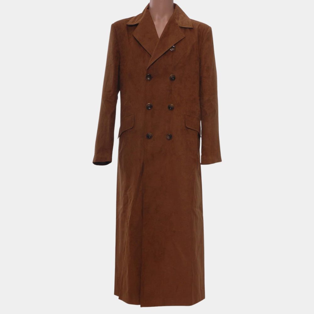 10th Doctor Who David Tennant Suede Leather Long Trench Coat - Front View