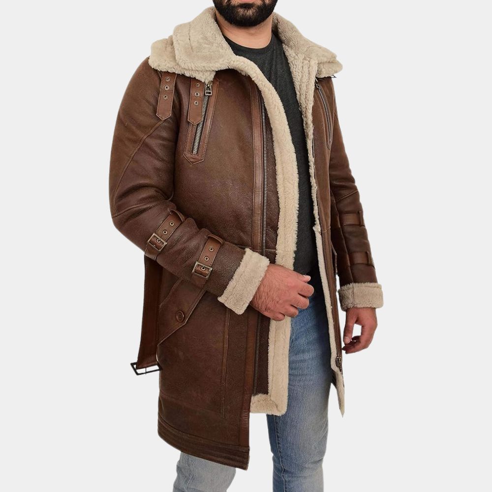 Mens Zolo Parka Style 3/4 Long Brown Jacket - Brown Real Leather Duffle ...