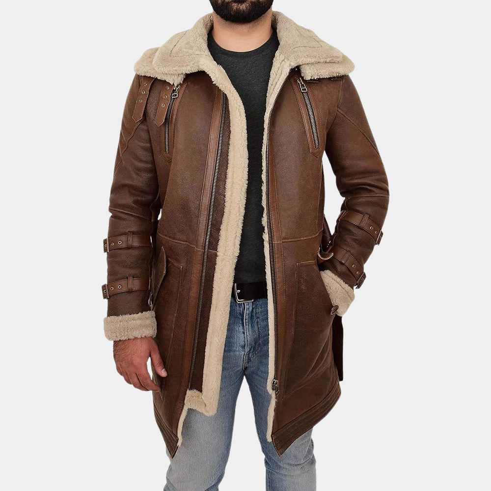 Mens Zolo Parka Style 3/4 Long Brown Jacket - Brown Real Leather Duffle Coat - Front View