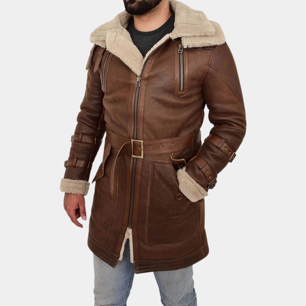 Mens Zolo Parka Style 3/4 Long Brown Jacket - Brown Real Leather Duffle ...