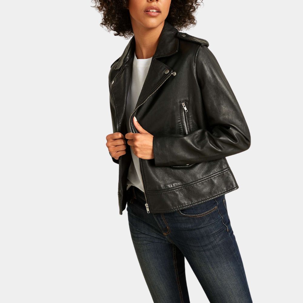 The Family Plan Michelle Monaghan Black Leather Biker Jacket - Front View