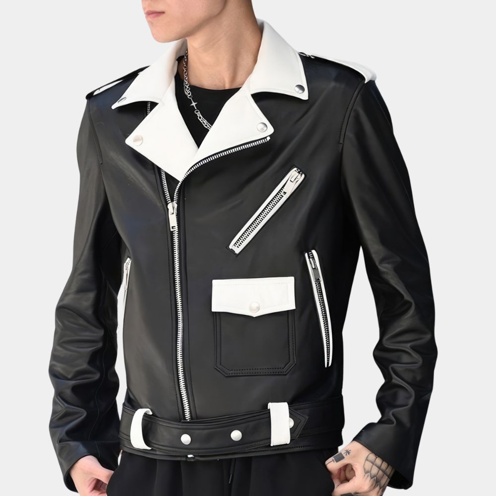 Men's MotoCross Black and White Leather Biker Jacket - Front View