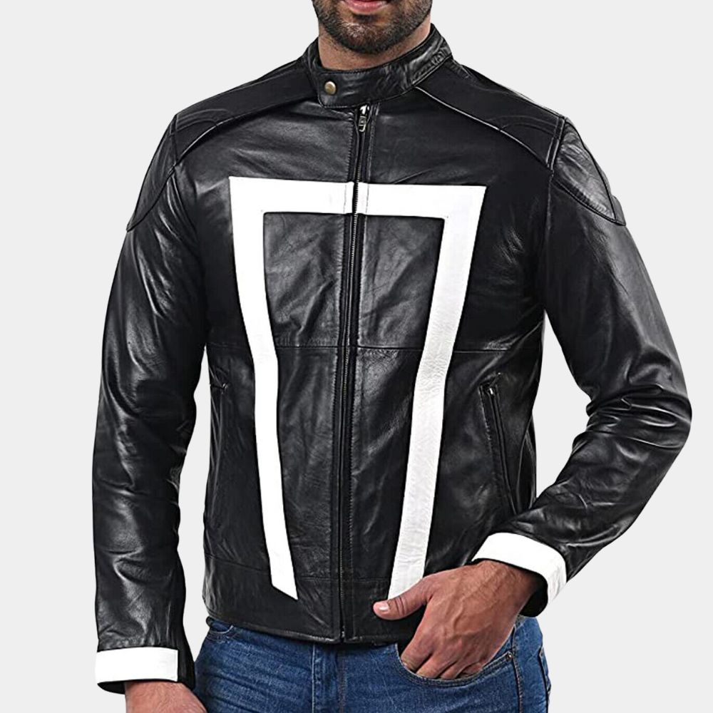 Agents of Shield S04 Ghost Rider aka Robbie Reyes Black Leather Motorcycle Jacket with Leather Patch - Front View