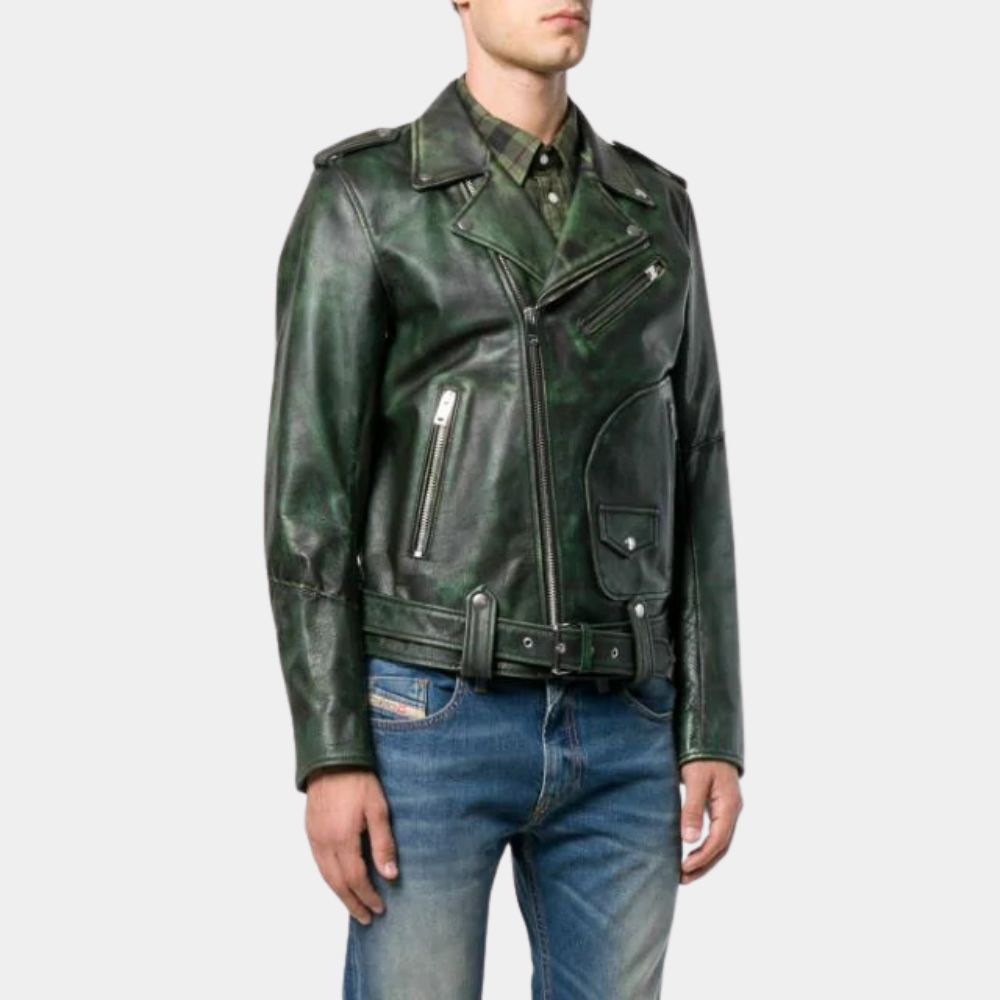 Jon Moxley AEW Leather Jacket - Green Waxed Leather Biker Jacket - Front View