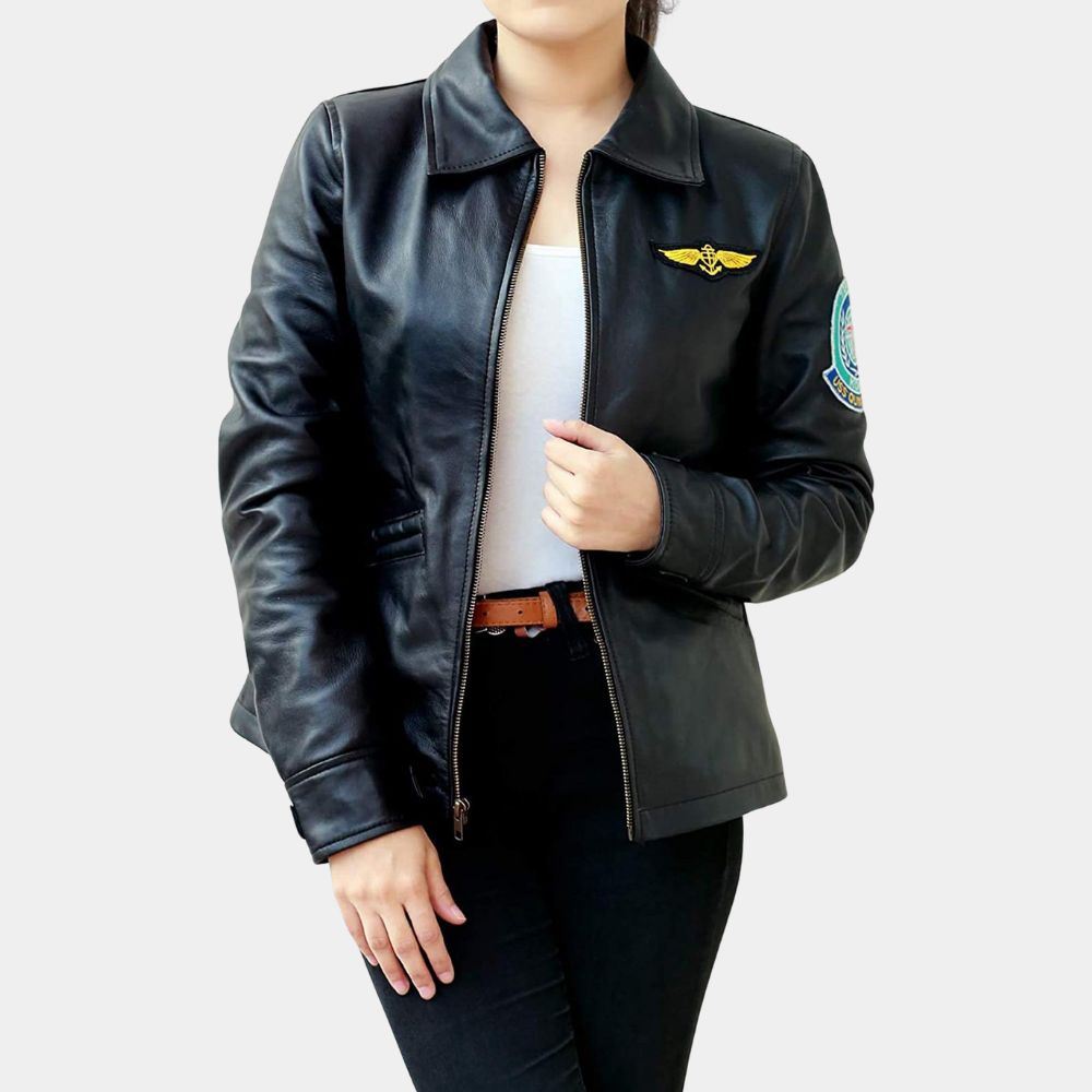 Kelly McGillis Top Gun Leather Jacket - Charlotte 'Charlie' Blackwood Black Real Leather Flight Jacket - Front View