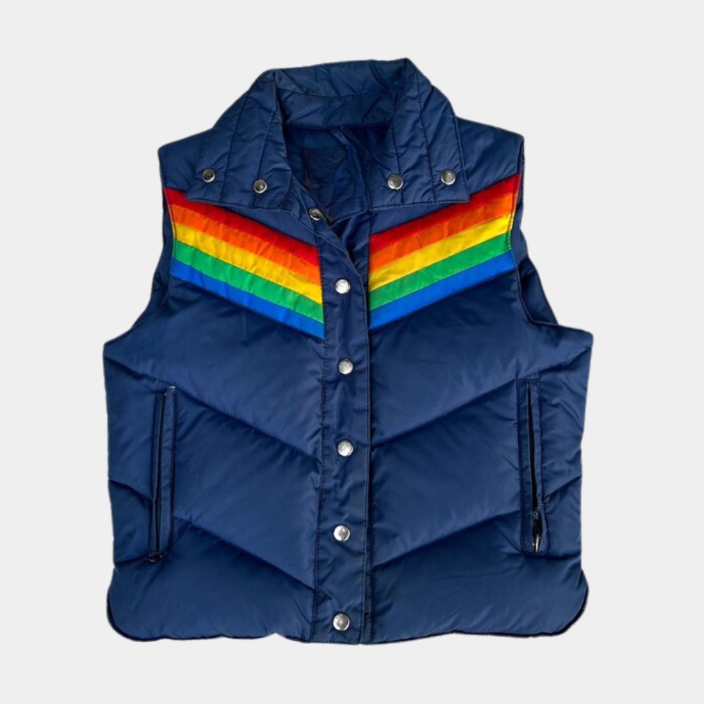 The 70s Show Michael Kelso Rainbow Puffer Vest | Ashton Kutcher Winter Ski Vest - Front View