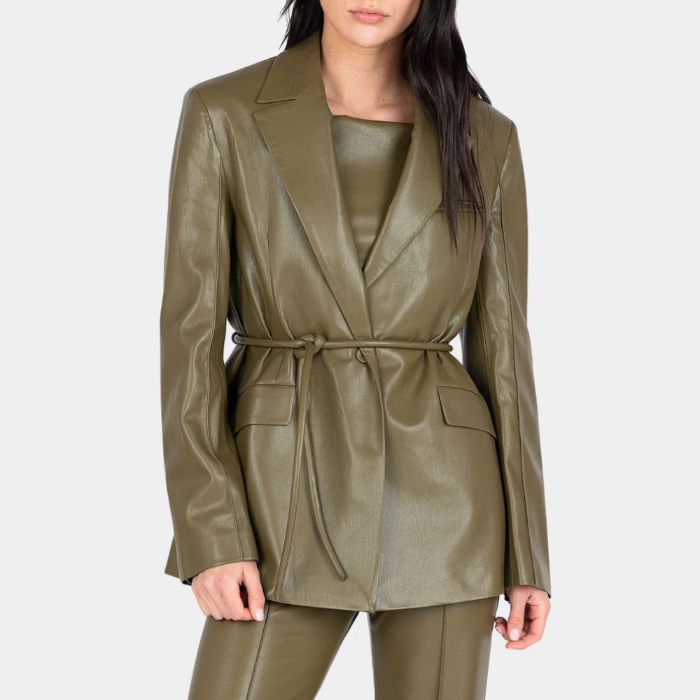 A Different Man Ingrid aka Renate Reinsve Olive Green Leather Blazer - Front View