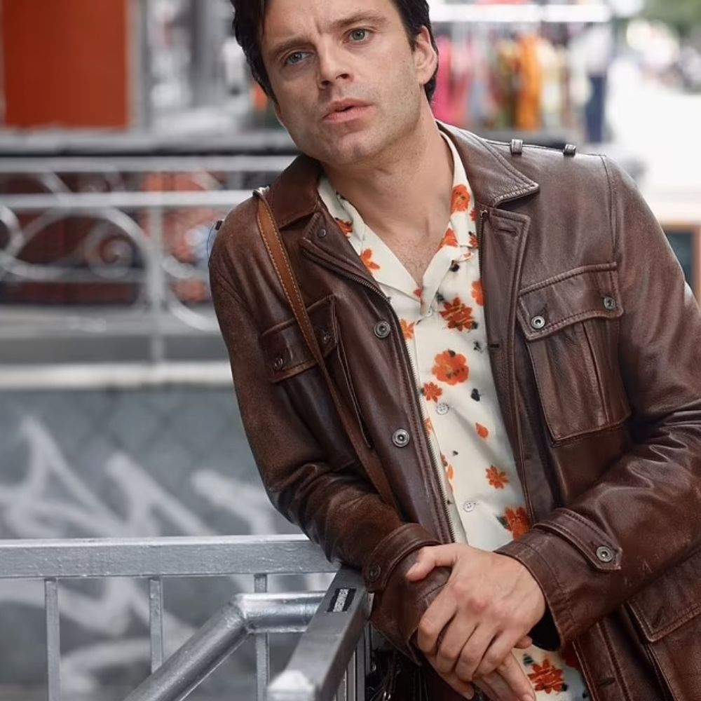 A Different Man Sebastian Stan Brown Military Style Leather Jacket - Front View