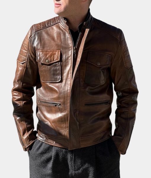 Boss Level Frank Grillo aka Roy Pulver Leather Jacket | Waxed Brown Leather Jacket with Padded Shoulders - Front View