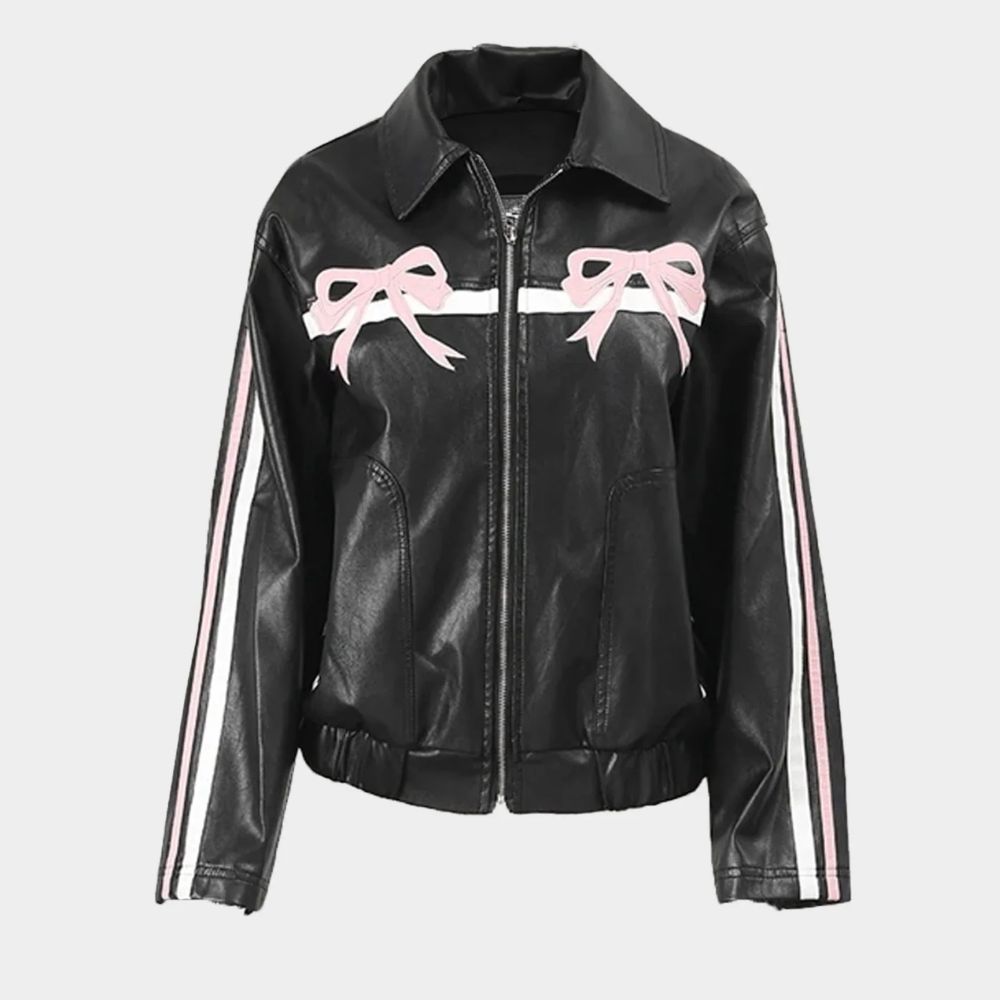 Women's Pink Bows/Ribbon Black Leather Jacket - Front View