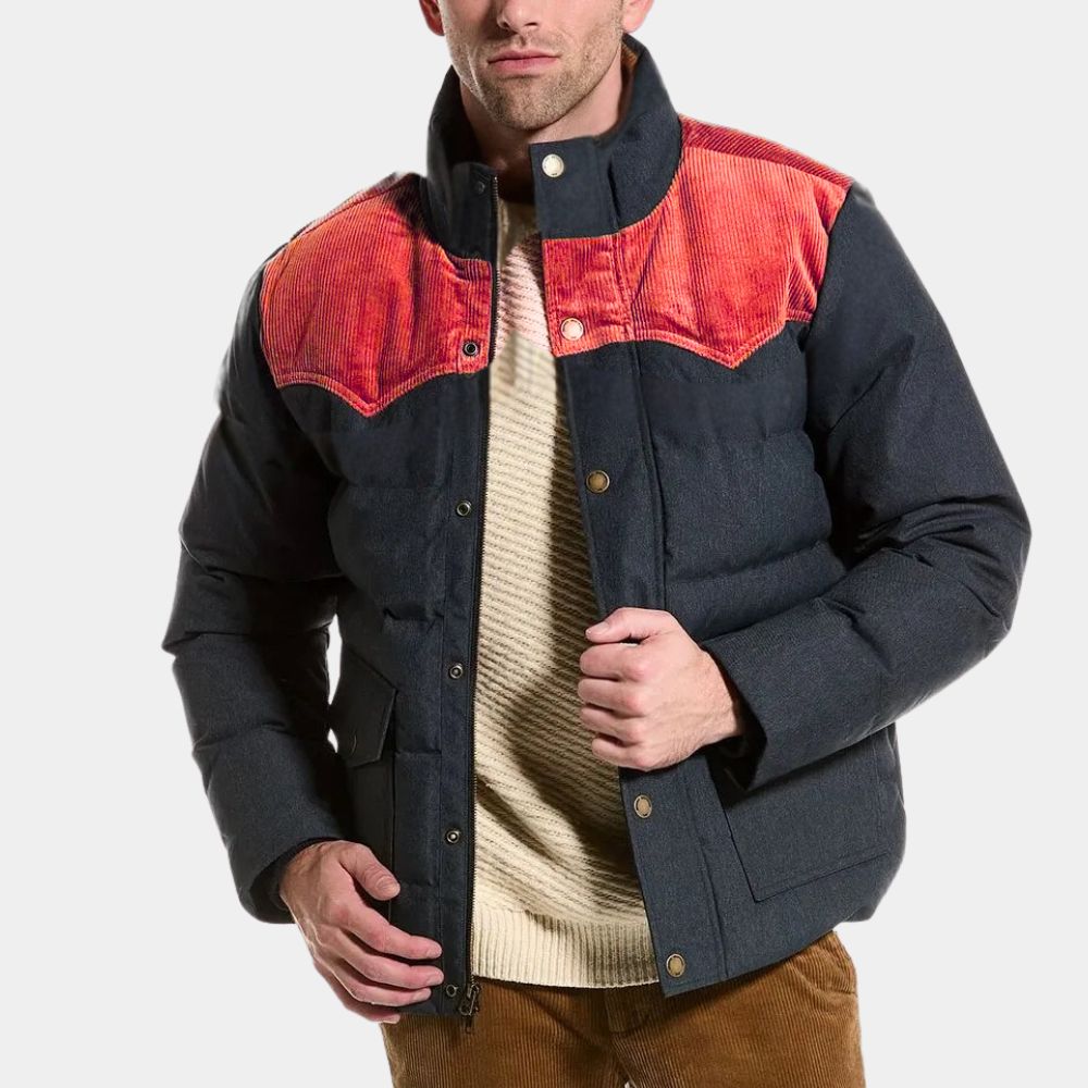 Friendship Paul Rudd aka Brian Red and Blue Denim Puffer Jacket - Front View