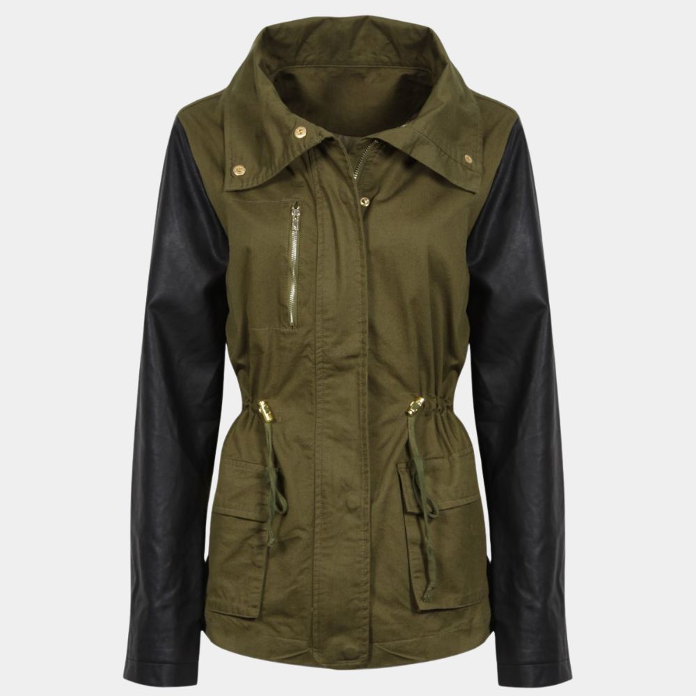 Army Green Cotton Parka Jacket with Leather Sleeves - Front View