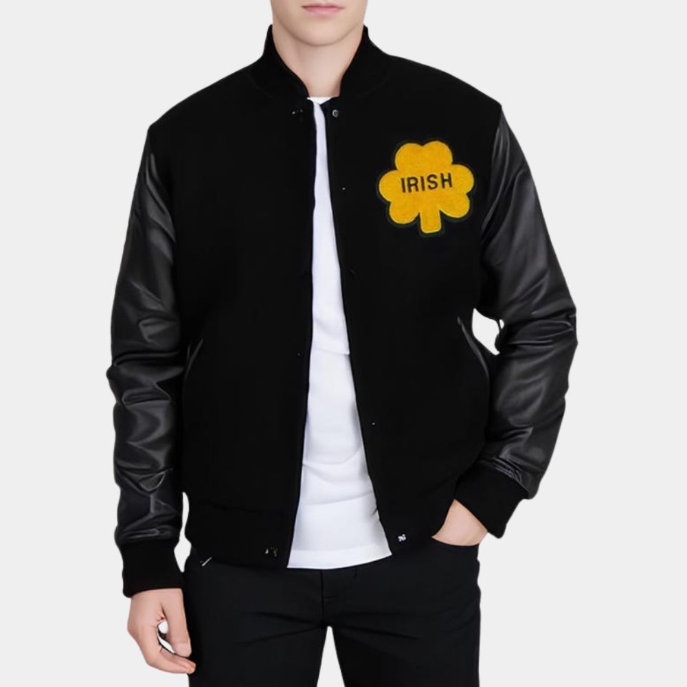 University of Notre Dame Rudy Irish Black Wool Varsity Bomber Jacket - Front View