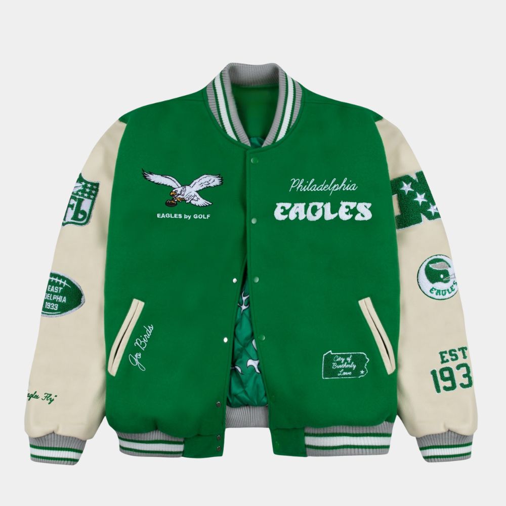 Philadelphia Eagles Green And Black Throwback Jacket - Front View