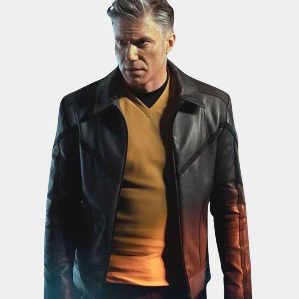 Captain Pike Star Trek Strange New Worlds Black Leather Jacket - Front View