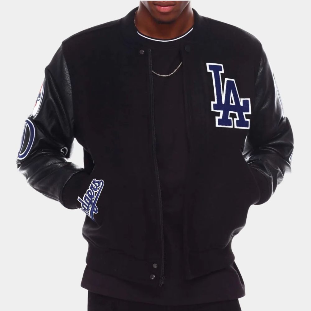 LA Dodgers Los Angeles Black Varsity Jacket - Front View