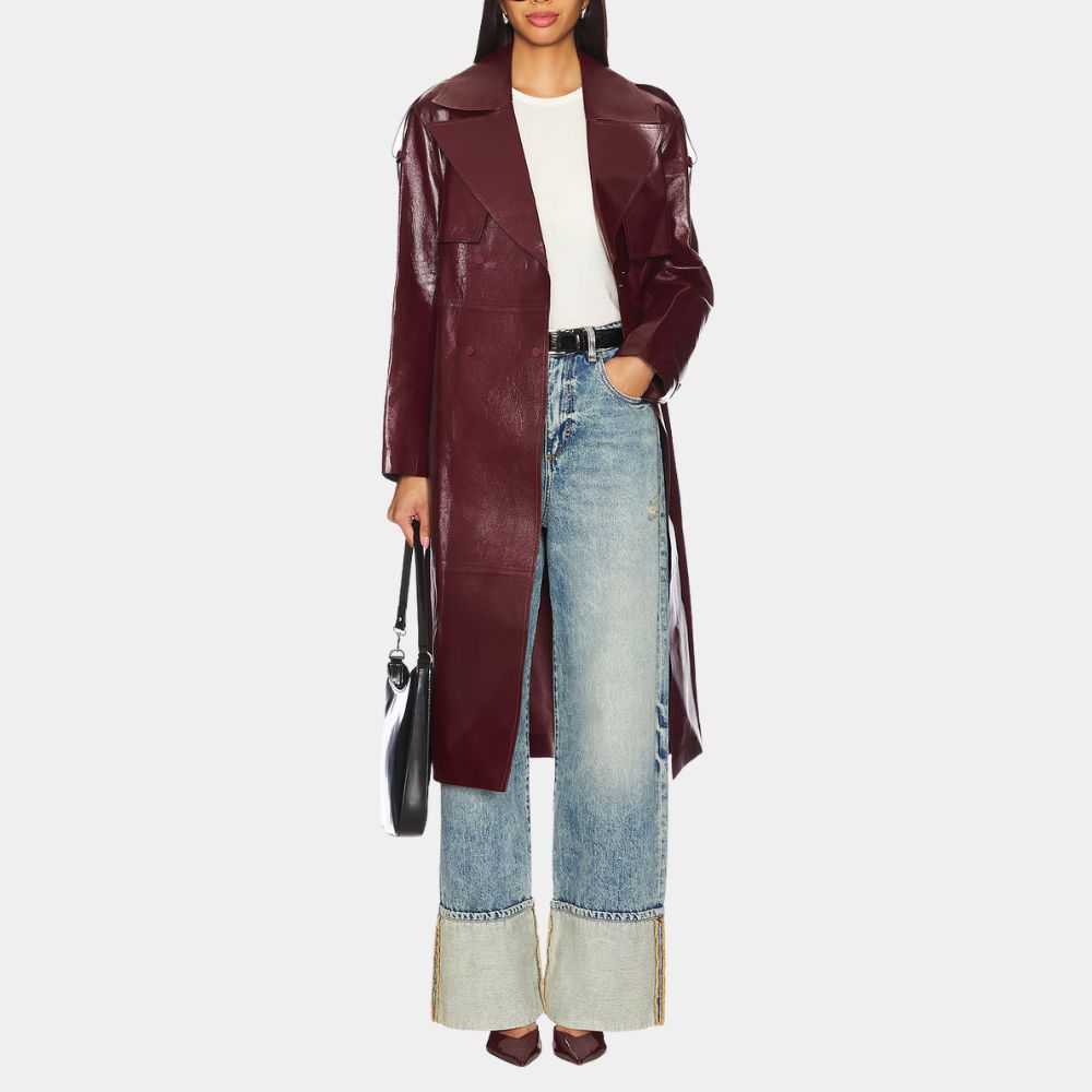 Selena Gomez Burgundy Leather Trench Coat