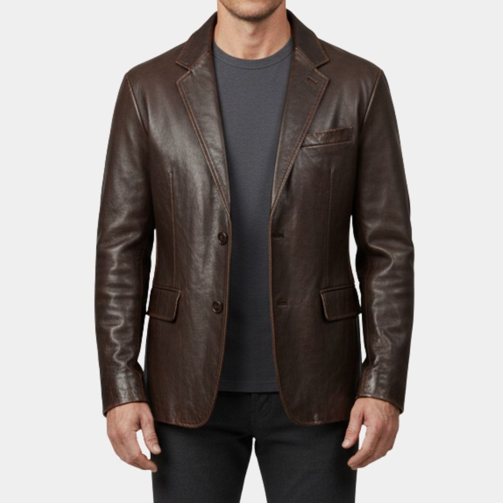Play Dirty Mark Wahlberg Leather Blazer Parker Brown Single Breasted Leather Blazer - Front View