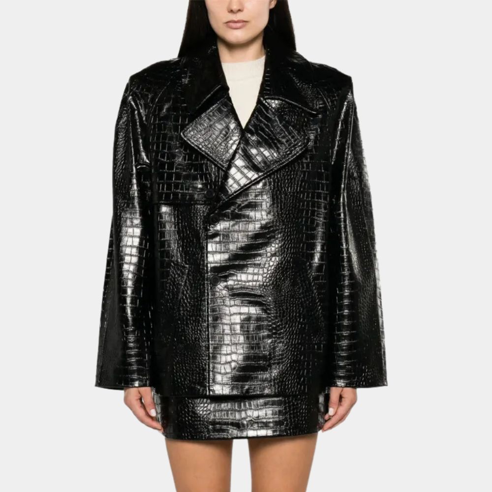 Shell Kate Hudson (Zoe Shannon) Black Crocodile Pattern Real Leather Jacket - Front View