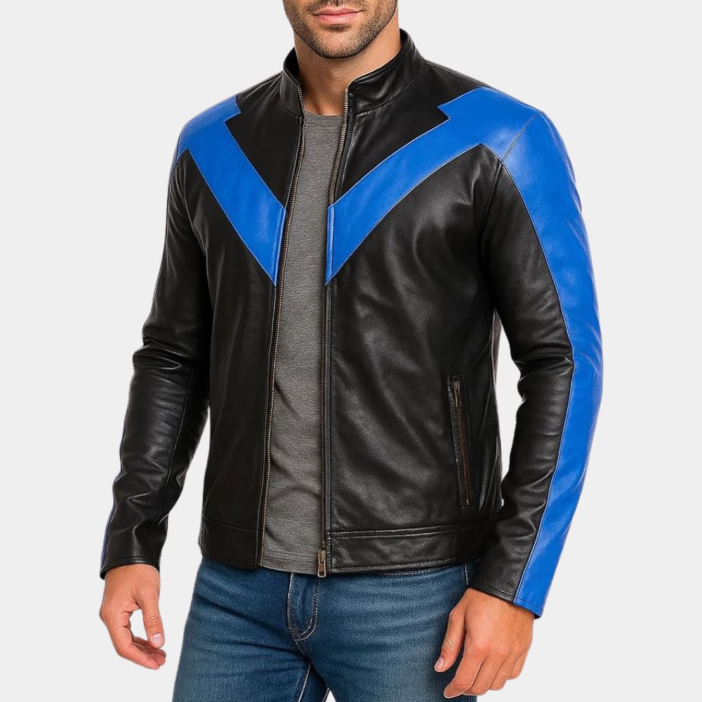 Batman Nightwing Black Leather Biker Jacket - Front View