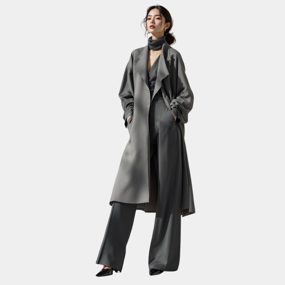 Ella McCay Emma Mackey (Emma Mackey) Grey Trench Coat - Front View