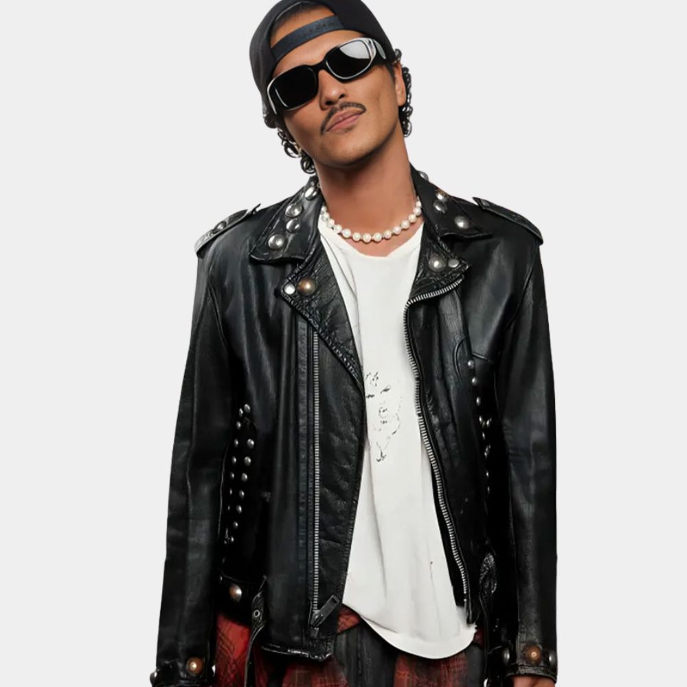 Song Apt Bruno Mars Black Biker Leather Jacket - Front View