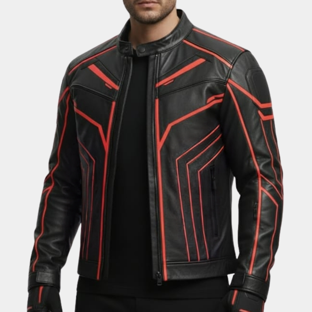 Tron Ares biker leather jacket front