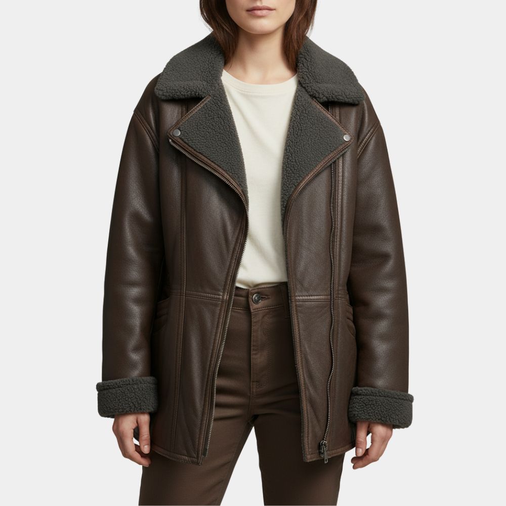 Ella McCay 2025 Emma Mackey Movie Tan Shearling Leather Jacket - Front View
