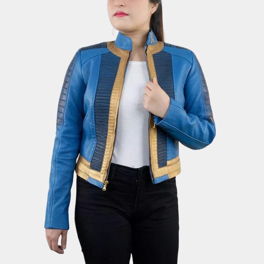 Fallout Ella Purnell (Lucy MacLean) Blue Vault 33 Deathclaw Jacket - Front View