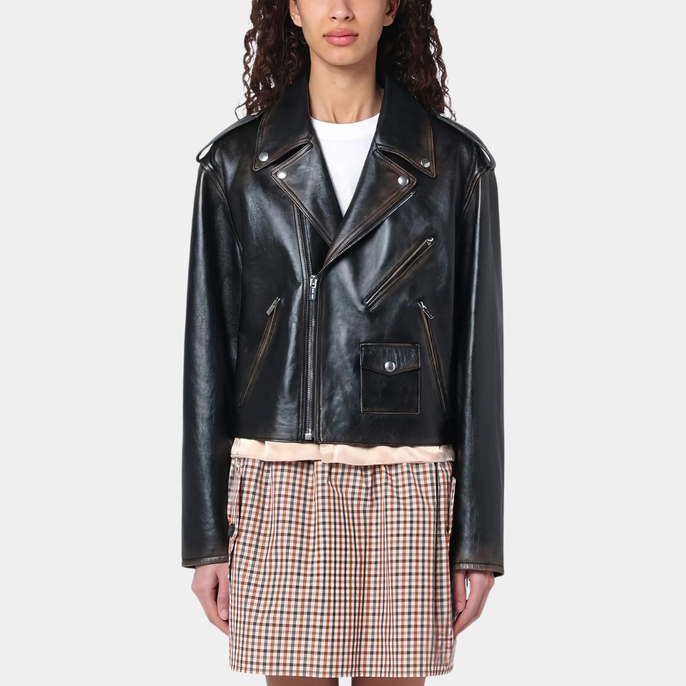 Hilary Duff Mature Black Biker Leather Jacket - Front View