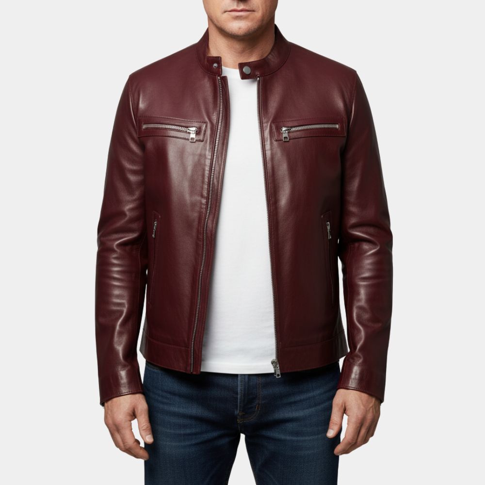 Jeremy Renner The Late Show With Stephen Colbert 2025 Burgundy Leather Jacket - Front View